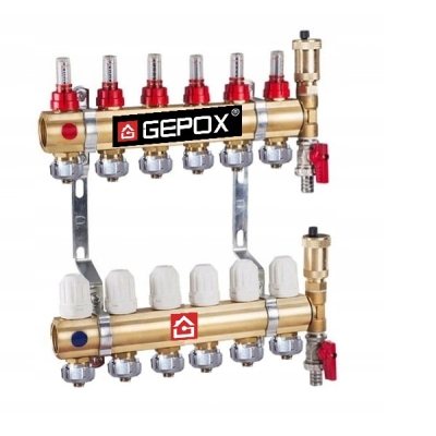 Rozdzielacz do podłogówki 6 obwodów GEPOX mosieżny do ogrzewania podłogowego